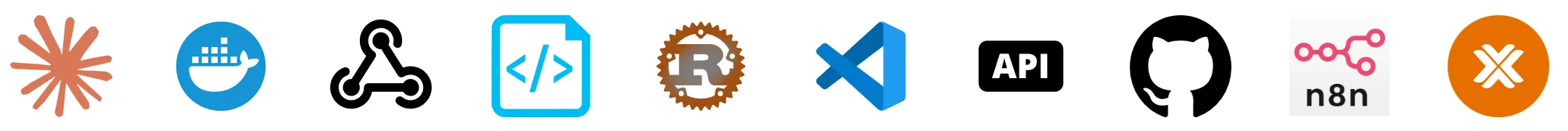 Outils : Claude, Docker, webhooks, code, Rust, VS Code, API, GitHub, n8n, Proxmox